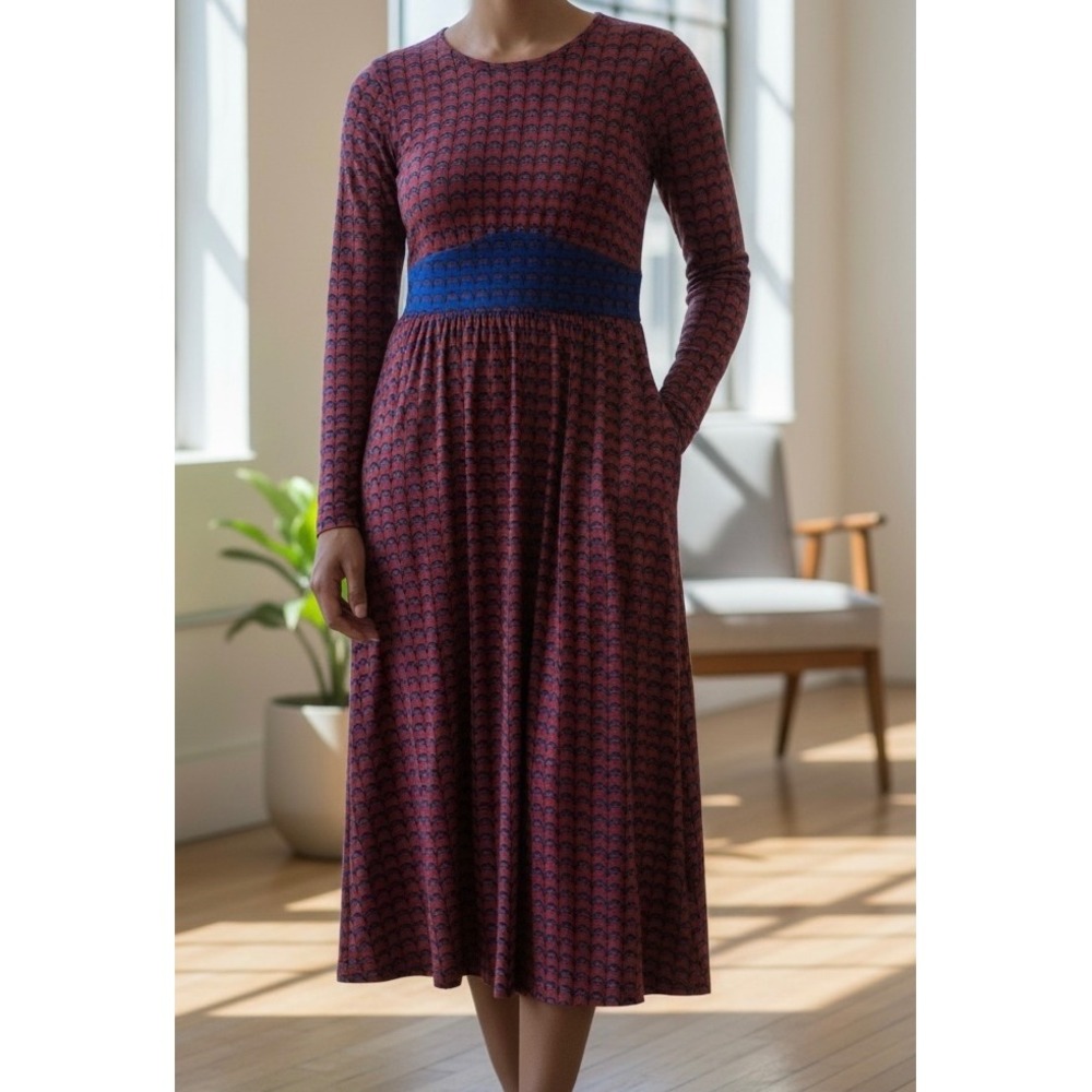 Boden Thea Dress Womens 8 P Red Blue Geometric Print Long Sleeve Jersey Midi